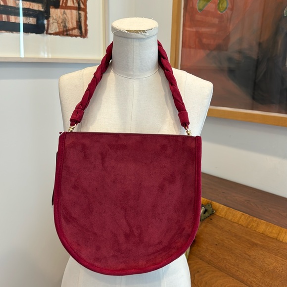 ahdorned U Shaped Braided Strap Suede Bag - Burgundy - Picture 4 of 4